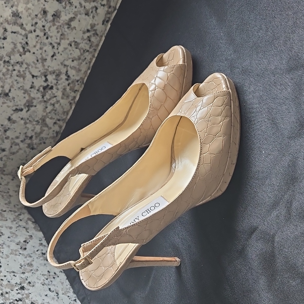 Jimmy Choo Beige/Tan Croc-Embossed Peep-Toe Slingback Heels